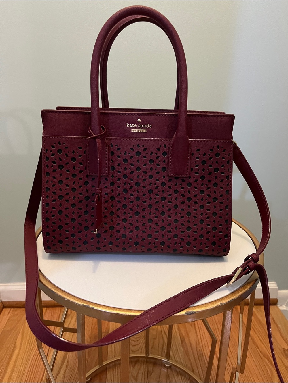 kate spade wine perforated leather satchel with shoulder strap